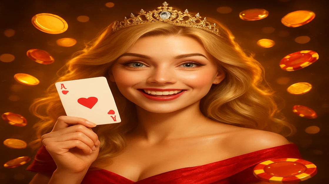 একটি হাসিখুশি কার্টুন রাজকুমারি tiara পরা, জয়ী কার্ড হাতে ধরে একটি গেমিং প্ল্যাটফর্মে, যেখানে চকচকে সোনা মুদ্রা ও চিপ ছড়িয়ে ছিটিয়ে আছে, tk99 game এ জাদুকরী ও মজাদার গেমিং অভিজ্ঞতার প্রতিফলন প্রকাশ করে।