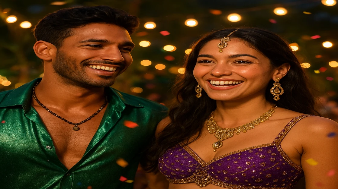 রঙিন কার্নিভাল পোশাক পরা একটি সুখী ও আকর্ষণীয় দম্পতি খোলা আকাশে একটি প্রাণবন্ত উত্সব-এ উদযাপন করছেন, tk99 game এ একসাথে গেম খেলার মজা, সামাজিকতা ও উত্তেজনাপূর্ণ পরিবেশকে তুলে ধরছে।