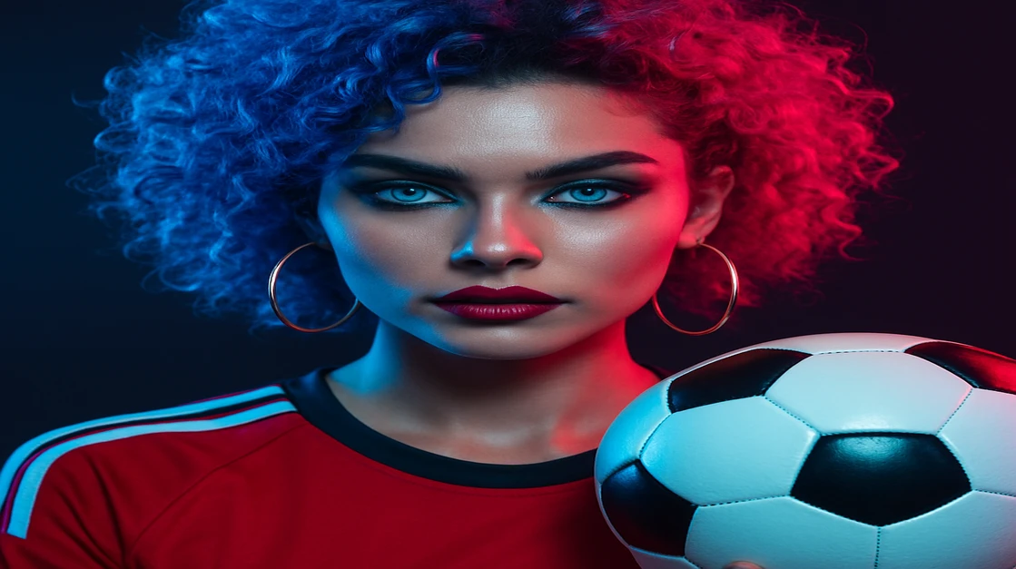 tk99 game অ্যাপ-এ লাইভ স্পোর্টস গেমিংয়ের মজা ও ফ্যাশন-সংলগ্ন দিকটি প্রকাশ করতে, ঘন কার্লি চুলের এক স্টাইলিশ নারীর ক্লোজ-আপ ছবি, যার হাতে ফুটবল বল ও স্মার্টফোন রয়েছে।