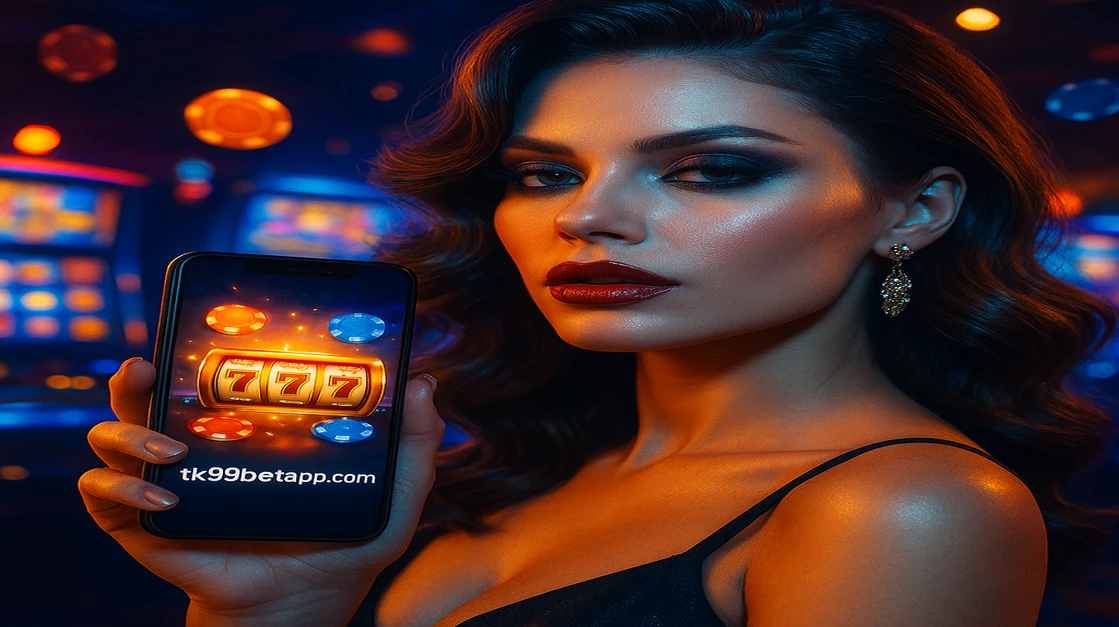 একজন আলোকোজ্জ্বল নারী, গোল্ডেন পোশাকে সজ্জিত, তিনি একটি স্মার্টফোন ধরে রেখেছেন যার ওপর উজ্জ্বল লাল লগইন স্ক্রিন জ্বলছে, চারদিকে সোনালি আলো ও টাকার কয়েন ছড়িয়ে ছিটিয়ে, আপনাকে tk99 game-এ স্বাগতম জানাচ্ছে।